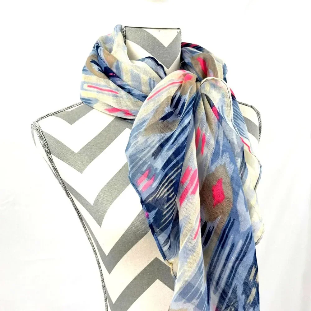 Blue Pink Ikat Tribal Print Lightweight Sheer Fashion Scarf Wrap
